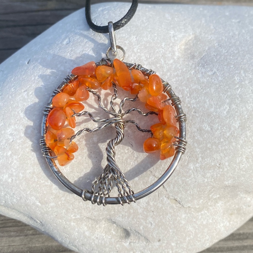 Tree of Life Necklace Genuine Carnelian sterling Silver wire wrap pendant